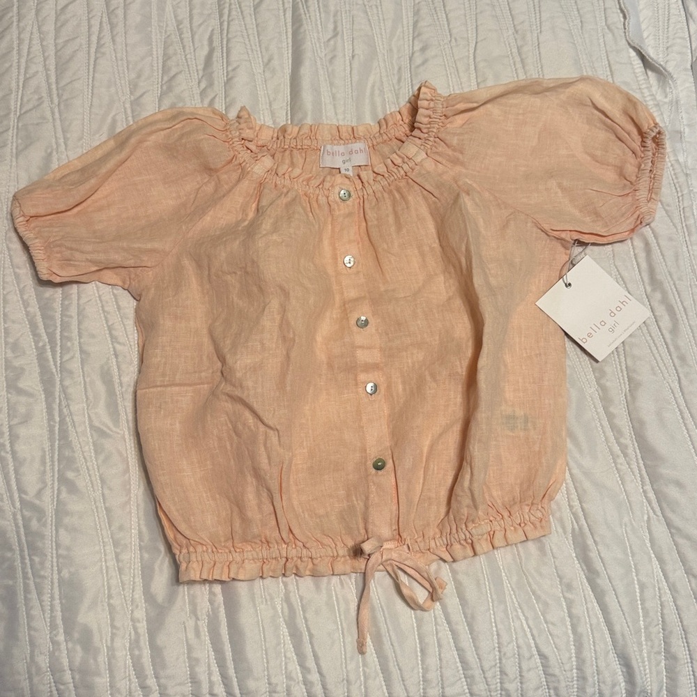 NWT Bella Dahl Peachy yellow Puff Sleeve Ruffle Neck Shell Button Top
